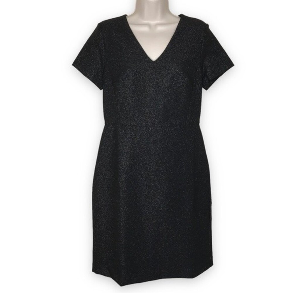 Ann Taylor Black Metallic V Neck Short Sleeve Lined Sheath Dress Women Size 4